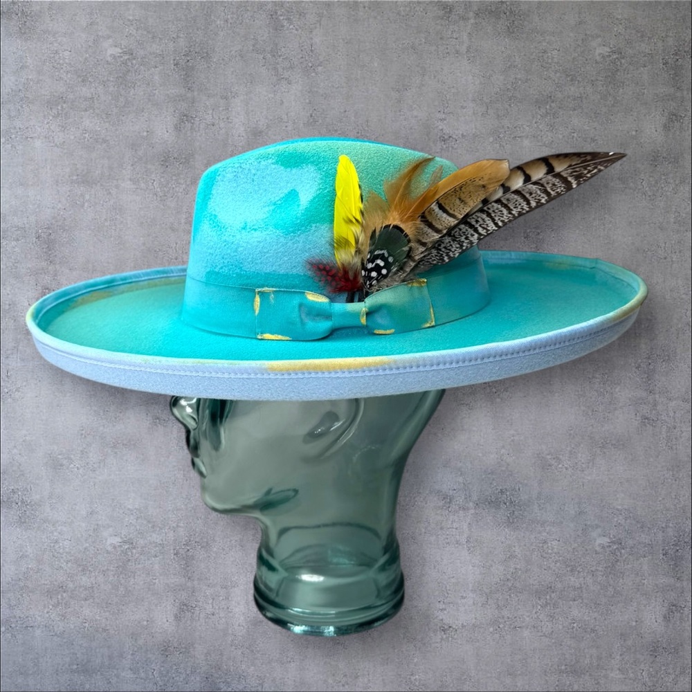 Turquoise Wide Brim Hat with Feather Accent